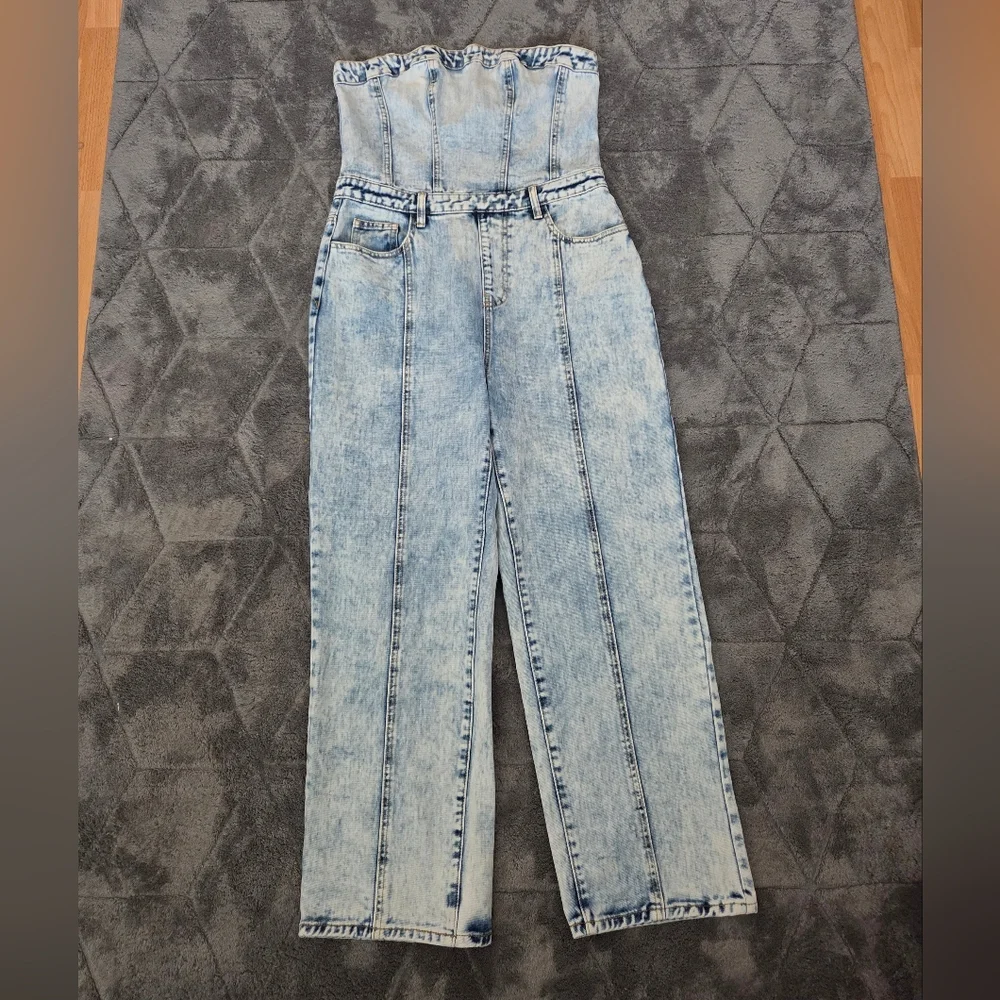 PrettyLittleThing Acid Wash BlueDenim Strapless Jumpsuit Western Boho Glam Y2K 8